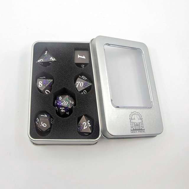 Sage's Petrified Flowers Black/Purple Metal Dice Set - Sage's PortalMetal Dice Set