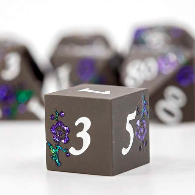 Sage's Petrified Flowers Black/Purple Metal Dice Set - Sage's PortalMetal Dice Set