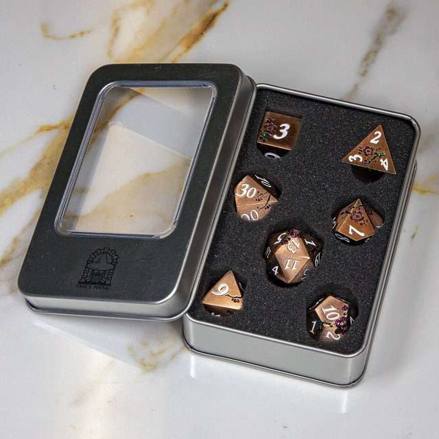 Sage's Petrified Flowers Copper Metal Polyhedral Dice Set - Sage's PortalMetal Dice Set