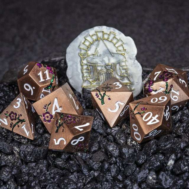 Sage's Petrified Flowers Copper Metal Polyhedral Dice Set - Sage's PortalMetal Dice Set