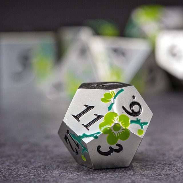 Sage's Petrified Flowers Silver Green Flowers Metal Polyhedral Dice Set - Sage's PortalMetal Dice Set