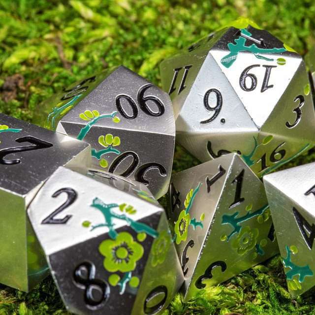 Sage's Petrified Flowers Silver Green Flowers Metal Polyhedral Dice Set - Sage's PortalMetal Dice Set