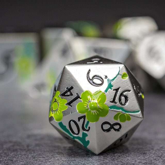 Sage's Petrified Flowers Silver Green Flowers Metal Polyhedral Dice Set - Sage's PortalMetal Dice Set