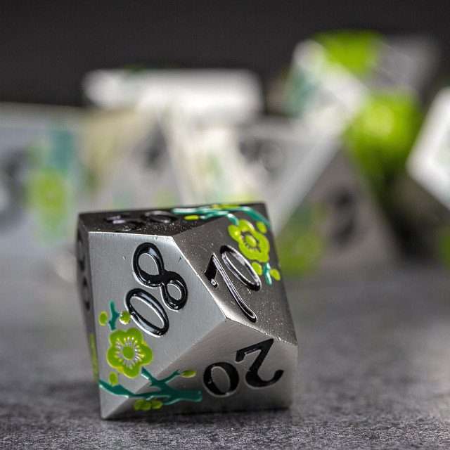 Sage's Petrified Flowers Silver Green Flowers Metal Polyhedral Dice Set - Sage's PortalMetal Dice Set
