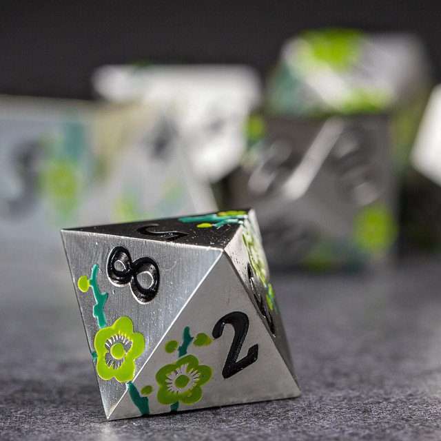 Sage's Petrified Flowers Silver Green Flowers Metal Polyhedral Dice Set - Sage's PortalMetal Dice Set