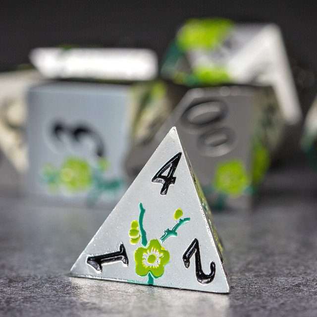Sage's Petrified Flowers Silver Green Flowers Metal Polyhedral Dice Set - Sage's PortalMetal Dice Set
