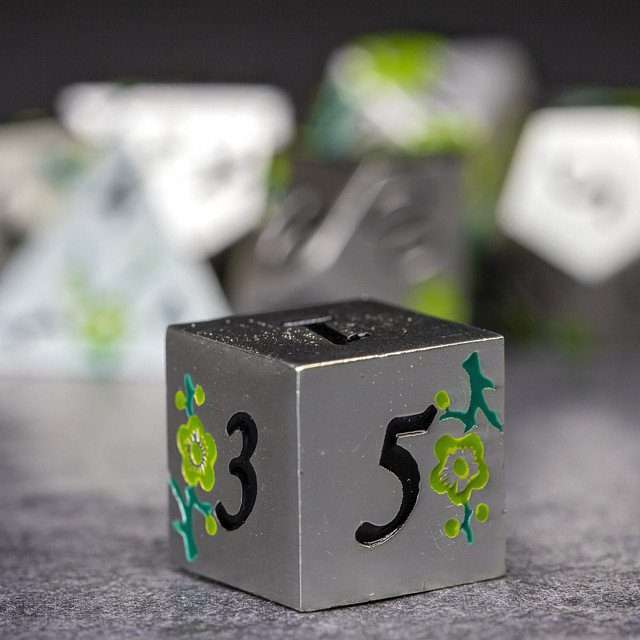 Sage's Petrified Flowers Silver Green Flowers Metal Polyhedral Dice Set - Sage's PortalMetal Dice Set