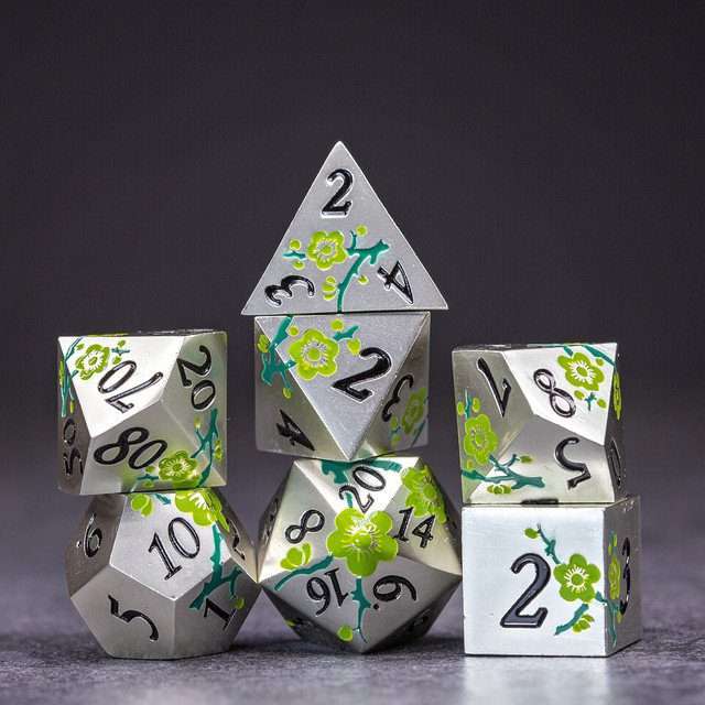 Sage's Petrified Flowers Silver Green Flowers Metal Polyhedral Dice Set - Sage's PortalMetal Dice Set
