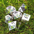 Sage's Petrified Flowers Silver Green Flowers Metal Polyhedral Dice Set - Sage's PortalMetal Dice Set