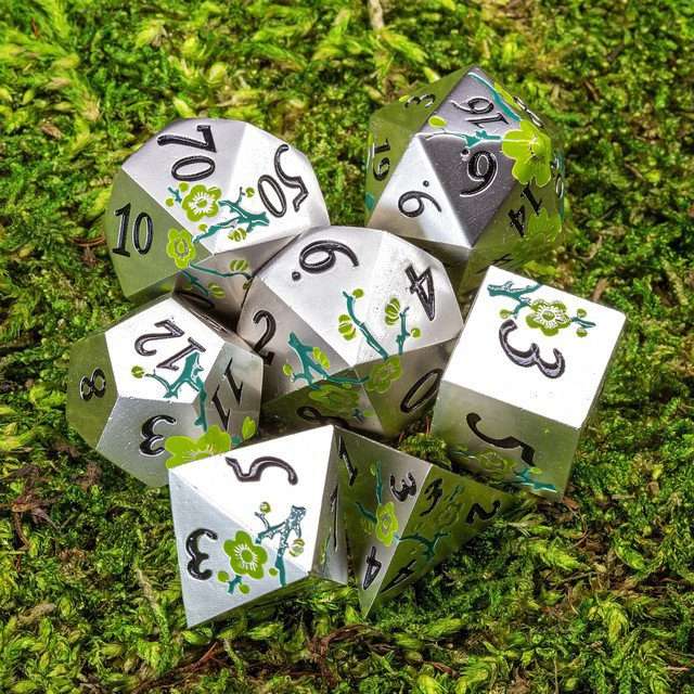 Sage's Petrified Flowers Silver Green Flowers Metal Polyhedral Dice Set - Sage's PortalMetal Dice Set