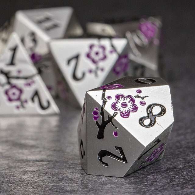 Sage's Petrified Flowers Silver Purple Flowers Metal Polyhedral Dice Set - Sage's PortalMetal Dice Set