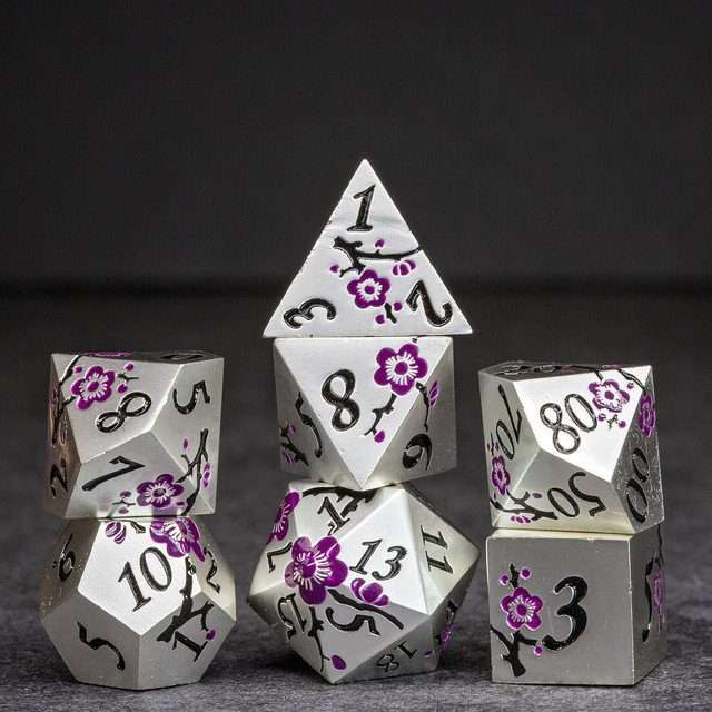 Sage's Petrified Flowers Silver Purple Flowers Metal Polyhedral Dice Set - Sage's PortalMetal Dice Set