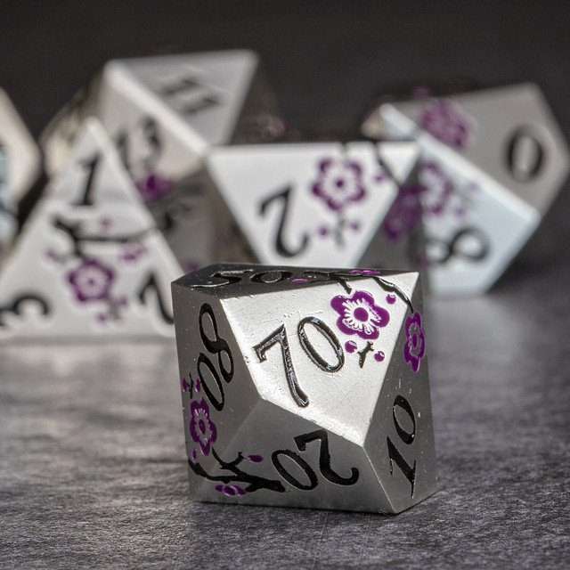 Sage's Petrified Flowers Silver Purple Flowers Metal Polyhedral Dice Set - Sage's PortalMetal Dice Set