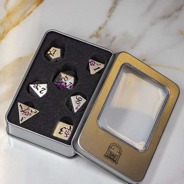 Sage's Petrified Flowers Silver Purple Flowers Metal Polyhedral Dice Set - Sage's PortalMetal Dice Set
