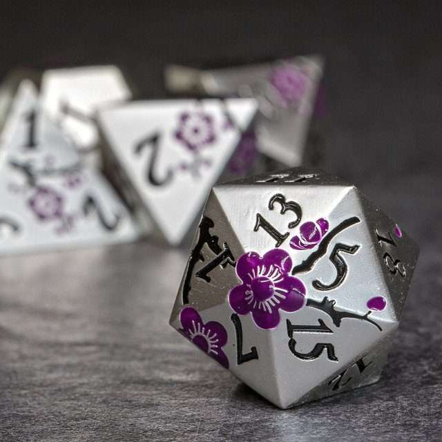 Sage's Petrified Flowers Silver Purple Flowers Metal Polyhedral Dice Set - Sage's PortalMetal Dice Set