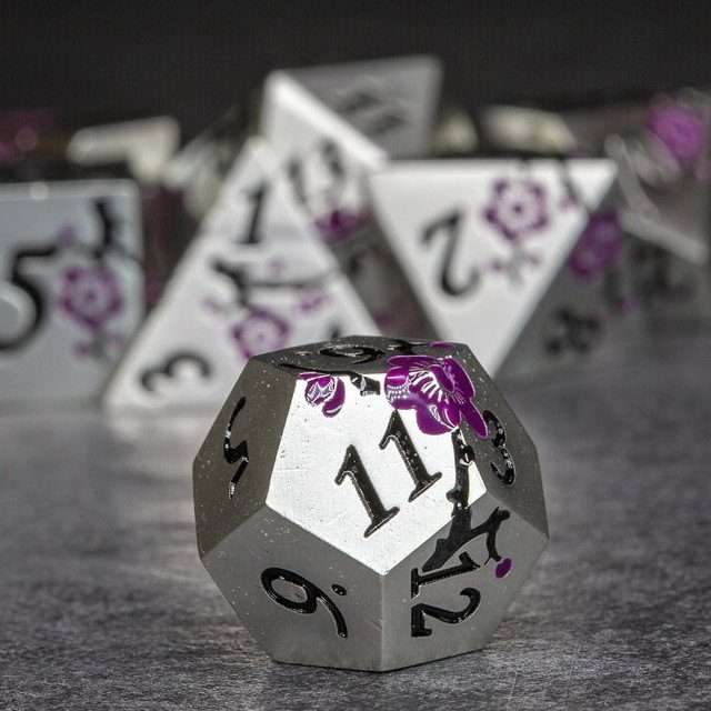 Sage's Petrified Flowers Silver Purple Flowers Metal Polyhedral Dice Set - Sage's PortalMetal Dice Set