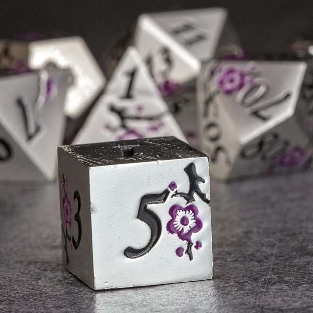 Sage's Petrified Flowers Silver Purple Flowers Metal Polyhedral Dice Set - Sage's PortalMetal Dice Set