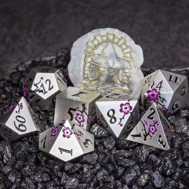 Sage's Petrified Flowers Silver Purple Flowers Metal Polyhedral Dice Set - Sage's PortalMetal Dice Set