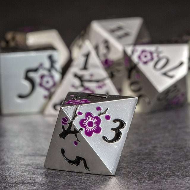 Sage's Petrified Flowers Silver Purple Flowers Metal Polyhedral Dice Set - Sage's PortalMetal Dice Set