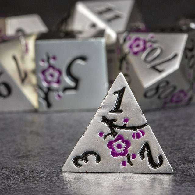 Sage's Petrified Flowers Silver Purple Flowers Metal Polyhedral Dice Set - Sage's PortalMetal Dice Set
