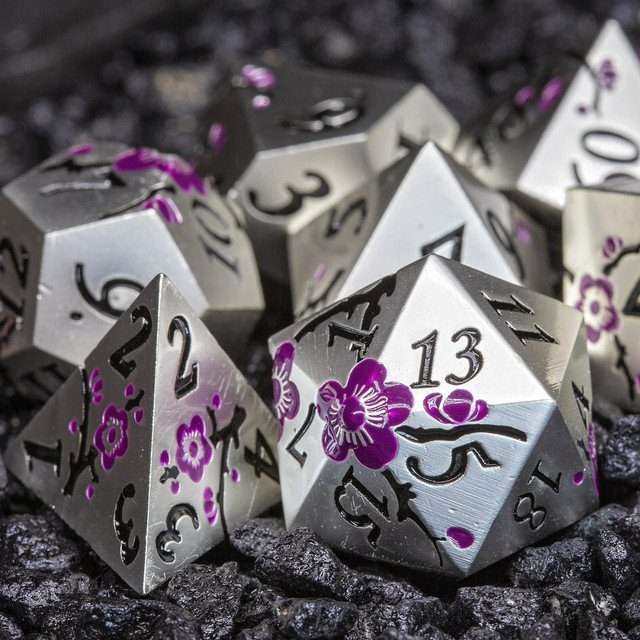 Sage's Petrified Flowers Silver Purple Flowers Metal Polyhedral Dice Set - Sage's PortalMetal Dice Set