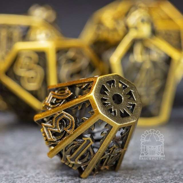 Sage’s Phoenix Lantern Hollow Metal Polyhedral Dice Set - Sage's PortalHollow Metal Dice Set