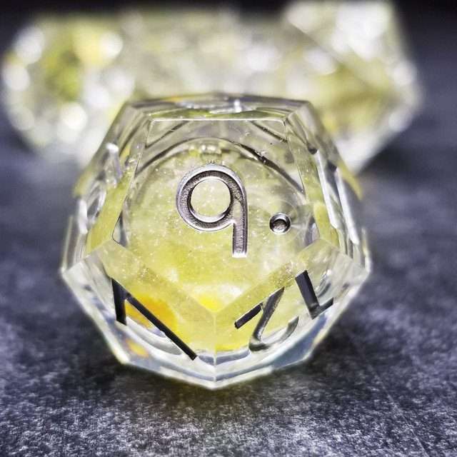Sage's Radiant Souls - Sunburst Yellow Liquid Core Sharp Edge Resin Dice Set - Sage's PortalLiquid Core Dice Set