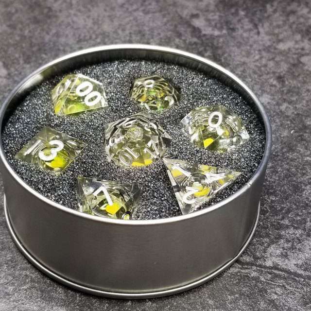 Sage's Radiant Souls - Sunburst Yellow Liquid Core Sharp Edge Resin Dice Set - Sage's PortalLiquid Core Dice Set