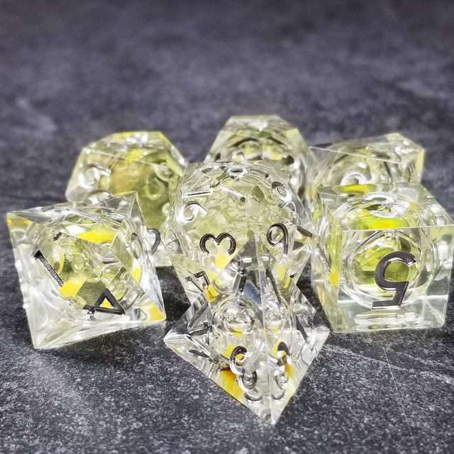 Sage's Radiant Souls - Sunburst Yellow Liquid Core Sharp Edge Resin Dice Set - Sage's PortalLiquid Core Dice Set