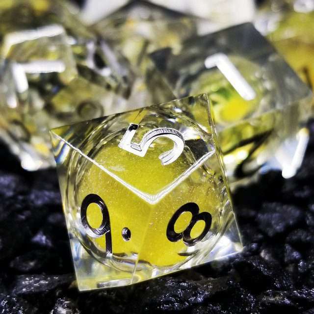 Sage's Radiant Souls - Sunburst Yellow Liquid Core Sharp Edge Resin Dice Set - Sage's PortalLiquid Core Dice Set