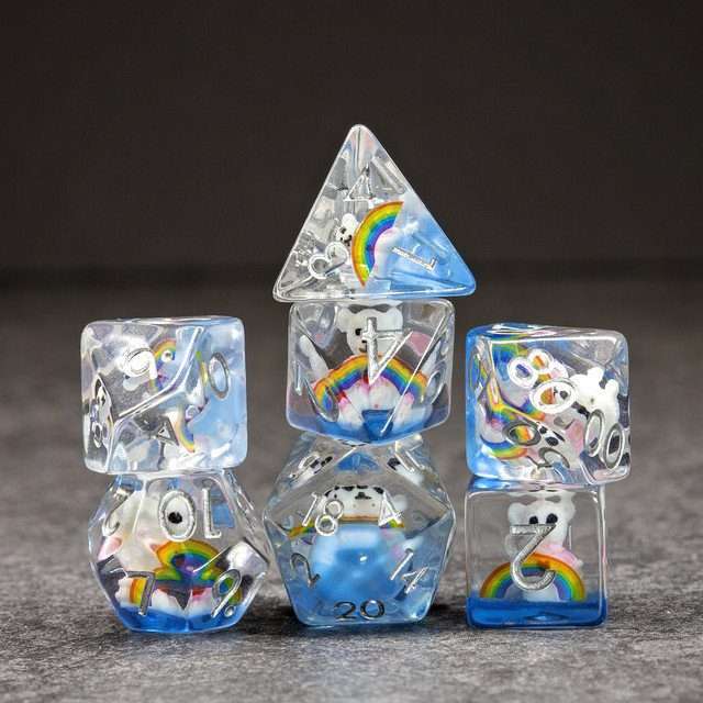 Sage's Rainbowed Teddy Bear Familiar Resin Polyhedral Dice Set - Sage's PortalResin Dice Set