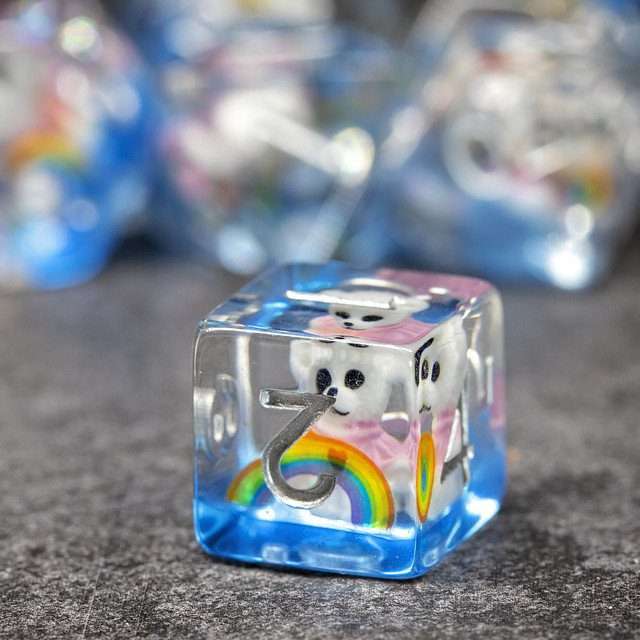 Sage's Rainbowed Teddy Bear Familiar Resin Polyhedral Dice Set - Sage's PortalResin Dice Set