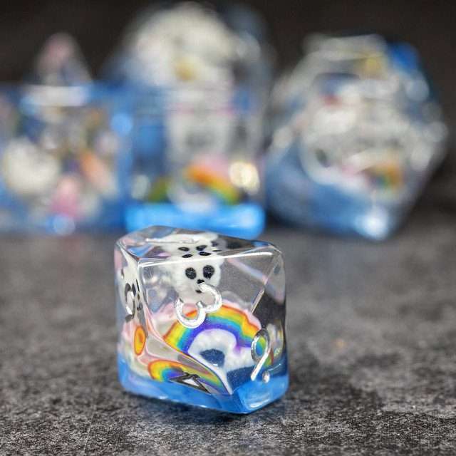 Sage's Rainbowed Teddy Bear Familiar Resin Polyhedral Dice Set - Sage's PortalResin Dice Set
