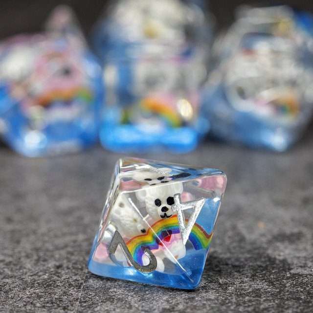 Sage's Rainbowed Teddy Bear Familiar Resin Polyhedral Dice Set - Sage's PortalResin Dice Set