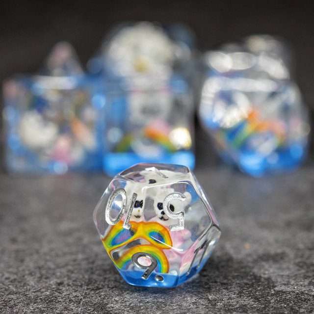 Sage's Rainbowed Teddy Bear Familiar Resin Polyhedral Dice Set - Sage's PortalResin Dice Set