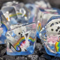 Sage's Rainbowed Teddy Bear Familiar Resin Polyhedral Dice Set - Sage's PortalResin Dice Set