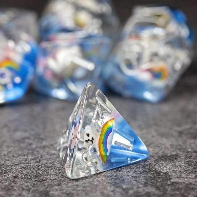 Sage's Rainbowed Teddy Bear Familiar Resin Polyhedral Dice Set - Sage's PortalResin Dice Set