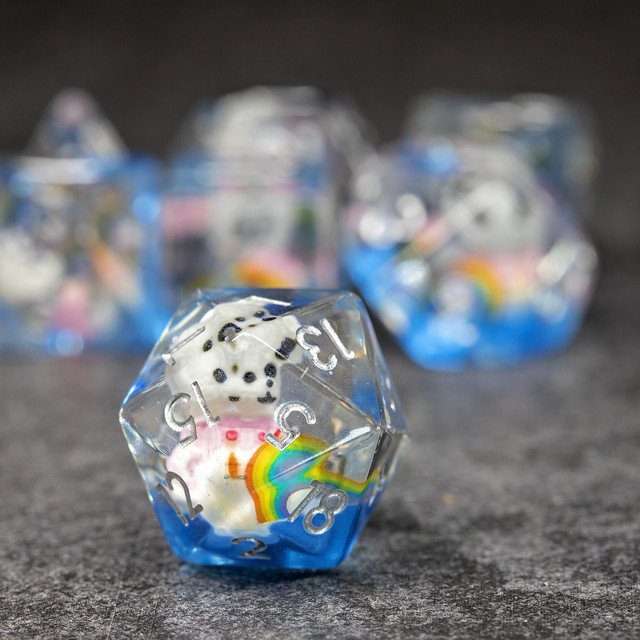 Sage's Rainbowed Teddy Bear Familiar Resin Polyhedral Dice Set - Sage's PortalResin Dice Set