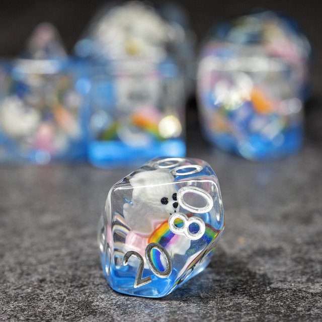 Sage's Rainbowed Teddy Bear Familiar Resin Polyhedral Dice Set - Sage's PortalResin Dice Set
