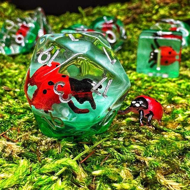 Sage's Red Baby Ladybug Familiar Resin Polyhedral Dice Set - Sage's PortalResin Dice Set