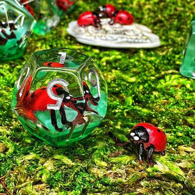 Sage's Red Baby Ladybug Familiar Resin Polyhedral Dice Set - Sage's PortalResin Dice Set