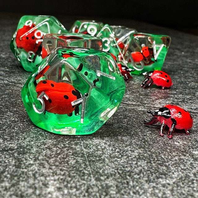 Sage's Red Baby Ladybug Familiar Resin Polyhedral Dice Set - Sage's PortalResin Dice Set