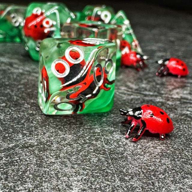 Sage's Red Baby Ladybug Familiar Resin Polyhedral Dice Set - Sage's PortalResin Dice Set