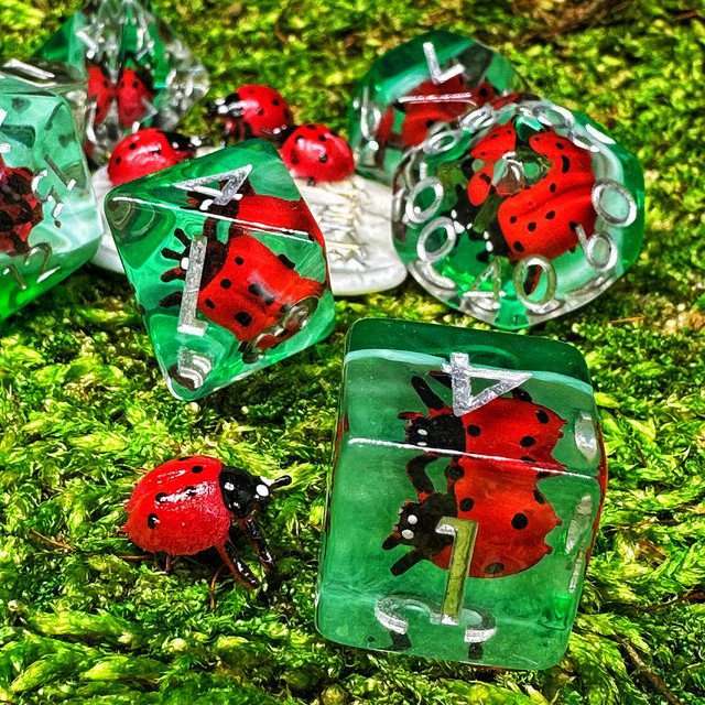 Sage's Red Baby Ladybug Familiar Resin Polyhedral Dice Set - Sage's PortalResin Dice Set