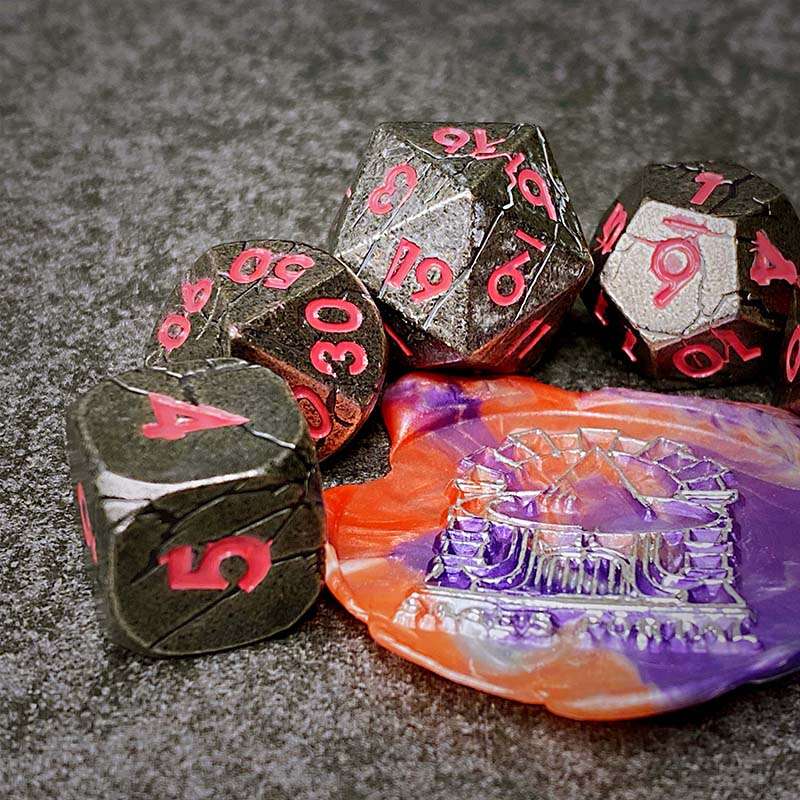 Sage's Relics of Antiquity - Antique Silver Pink Metal Polyhedral Dice Set - Sage's PortalMetal Dice Set