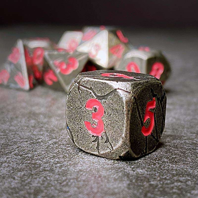 Sage's Relics of Antiquity - Antique Silver Pink Metal Polyhedral Dice Set - Sage's PortalMetal Dice Set