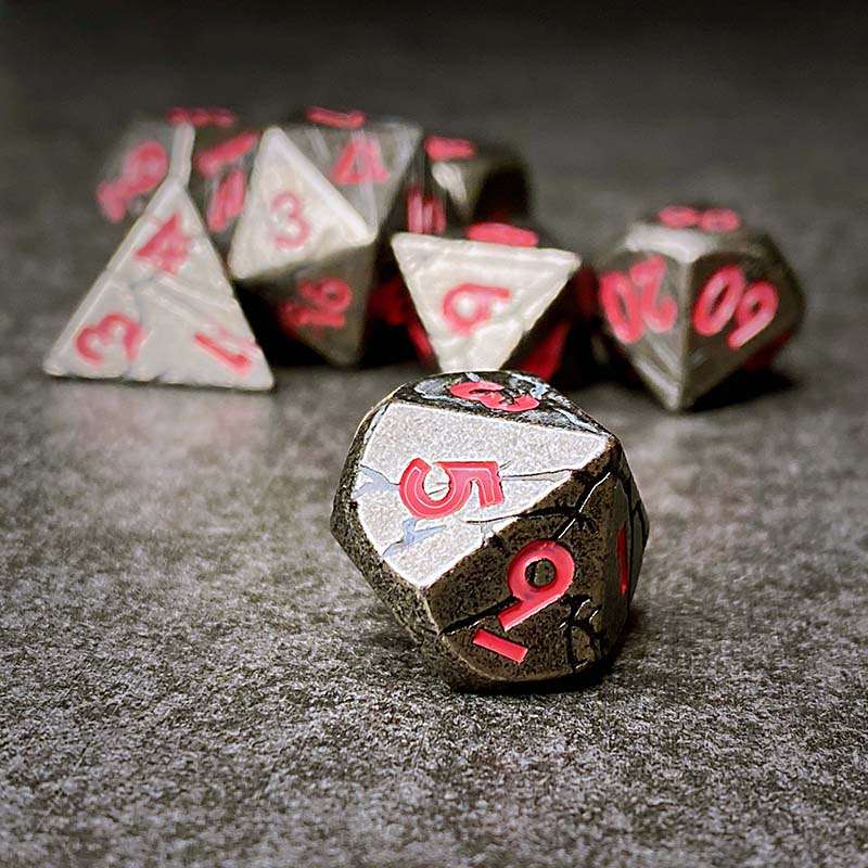 Sage's Relics of Antiquity - Antique Silver Pink Metal Polyhedral Dice Set - Sage's PortalMetal Dice Set