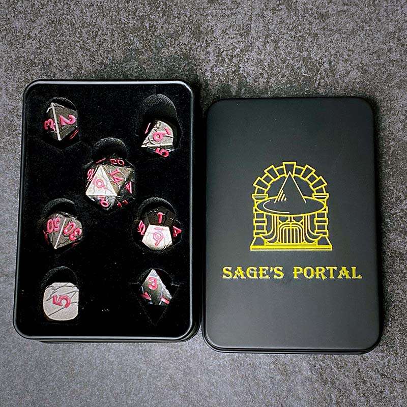 Sage's Relics of Antiquity - Antique Silver Pink Metal Polyhedral Dice Set - Sage's PortalMetal Dice Set