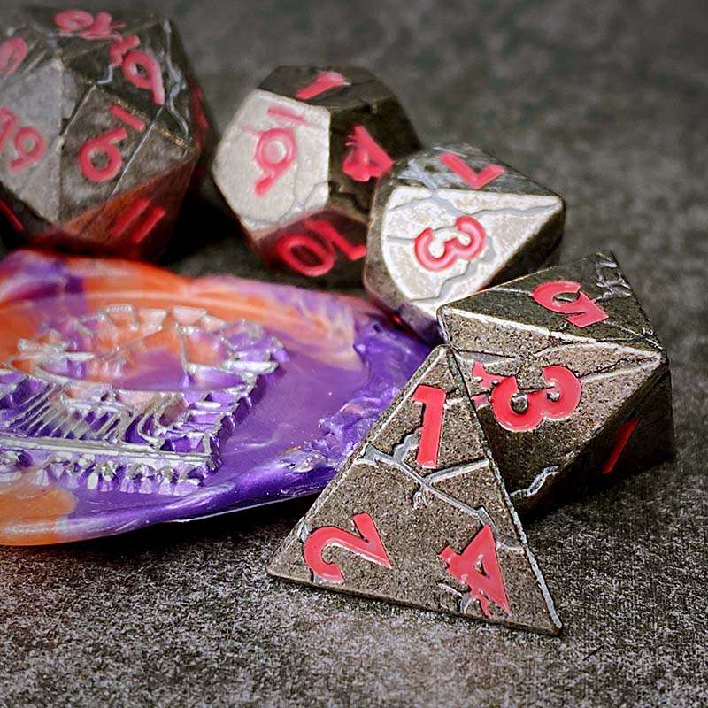 Sage's Relics of Antiquity - Antique Silver Pink Metal Polyhedral Dice Set - Sage's PortalMetal Dice Set
