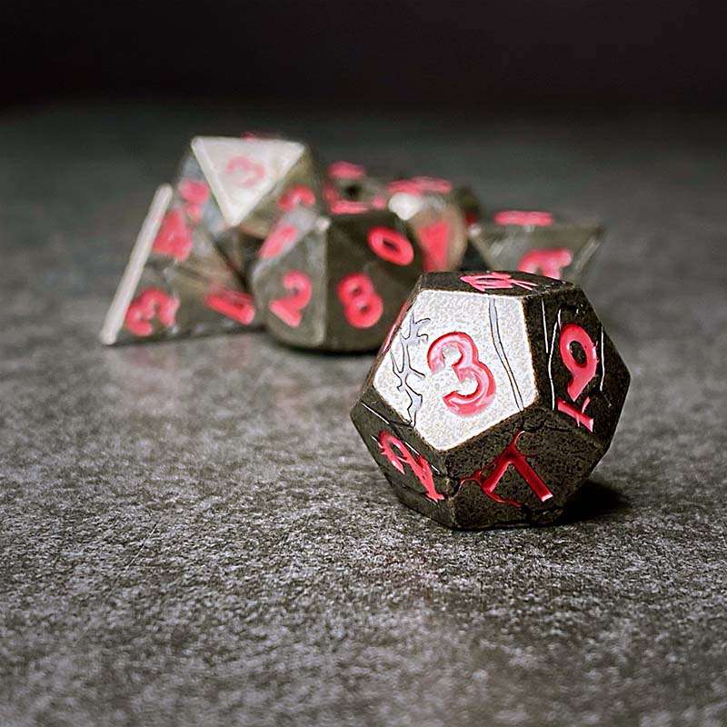 Sage's Relics of Antiquity - Antique Silver Pink Metal Polyhedral Dice Set - Sage's PortalMetal Dice Set